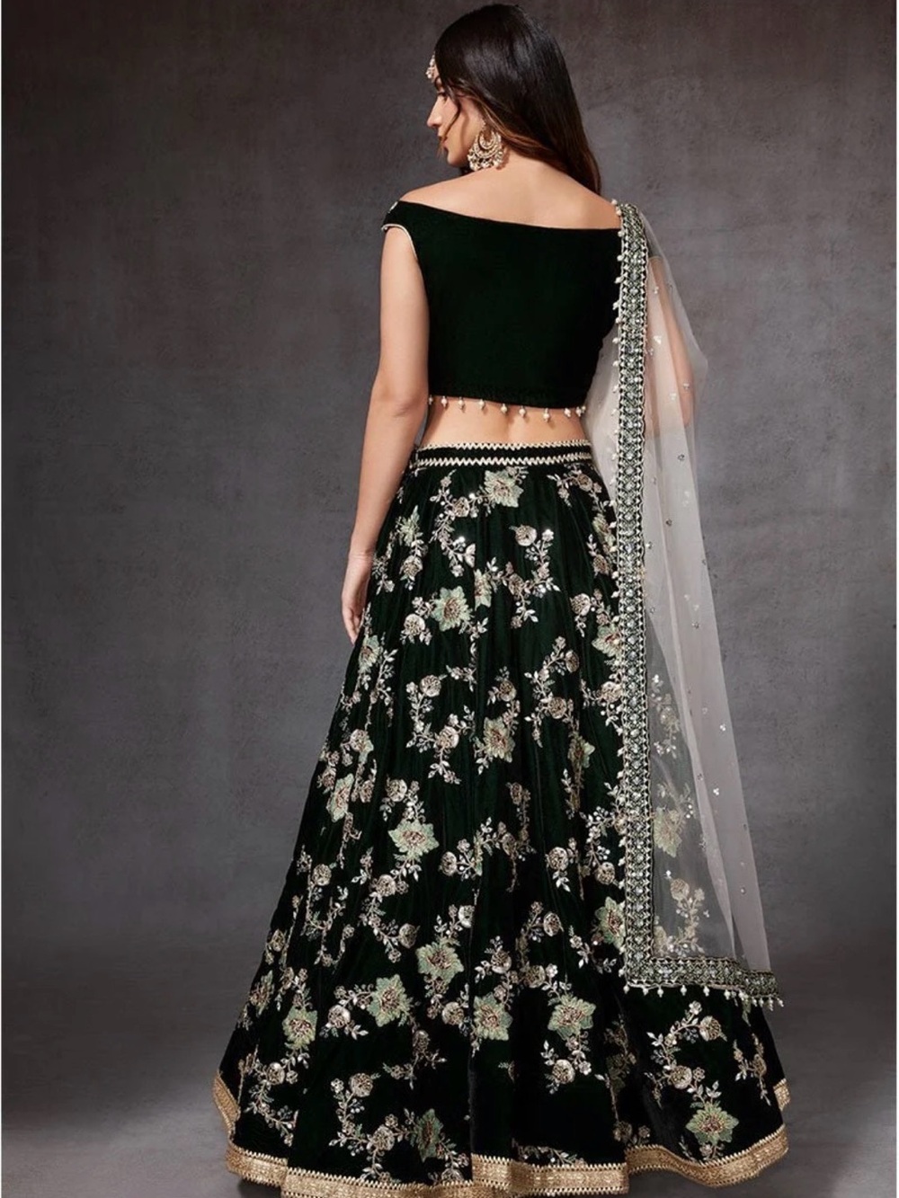 Dark Green Floral Embroidered A-Line Lehenga with Sheer Dupatta